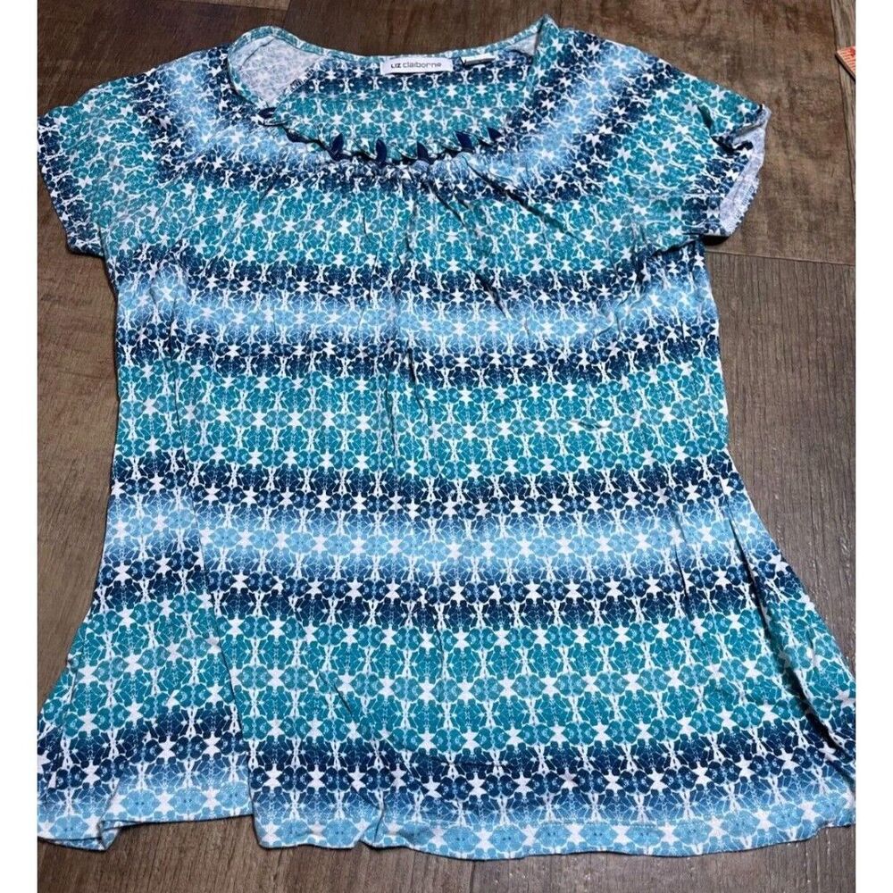 Liz Claiborne Blouse Womens Large L Top Blue Short Sleeve